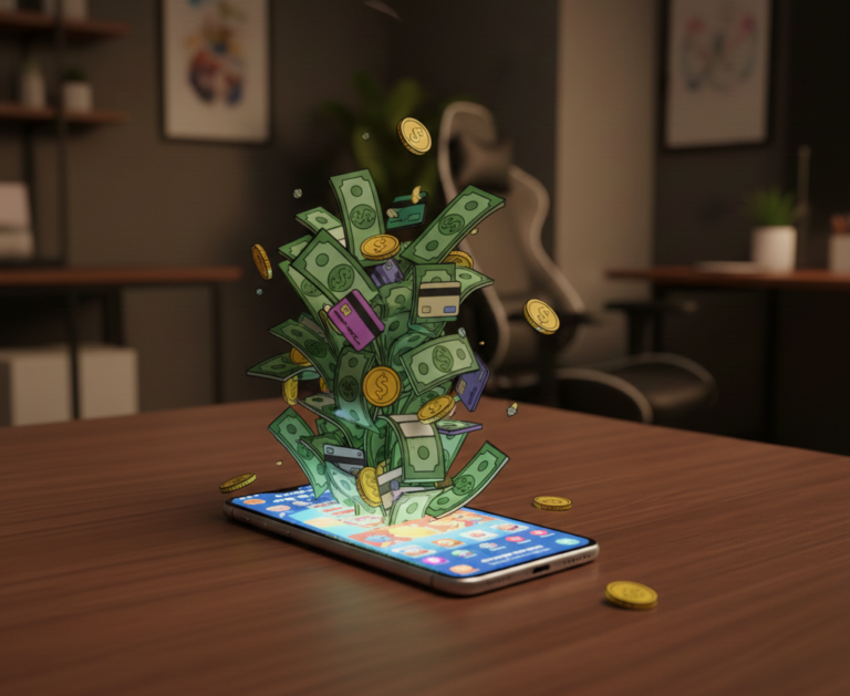 Smartphone on a wooden desk with cartoon money flying out of the screen representing mobile gaming rewards in 2026.